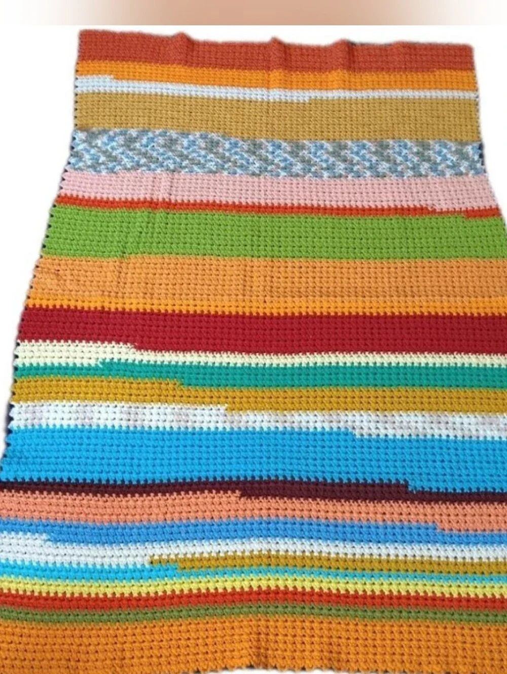 Vintage Hand Crocheted Afghan Throw Blanket Multicolor Rainbow Couch / Bed Boho